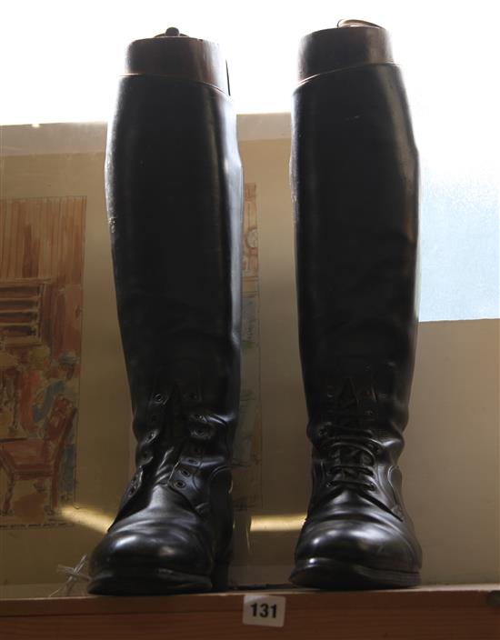 Pair black leather riding boots & wooden trees